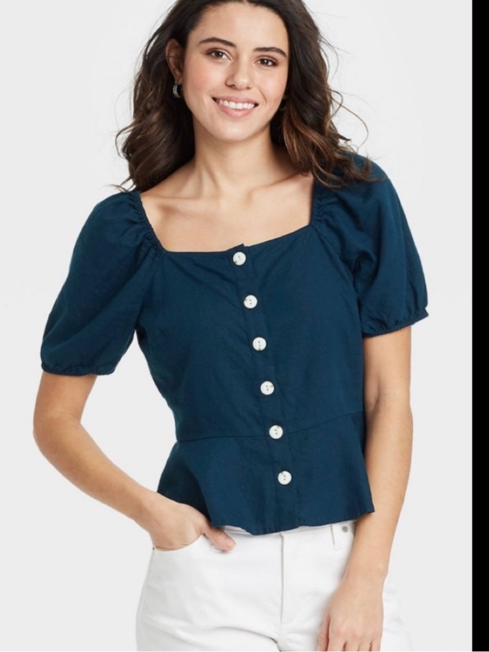 Universal Thread Linen Short Sleeve Button Down Peplum Top